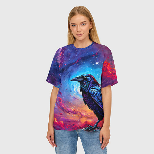 Женская футболка оверсайз Черный ворон на фоне космоса / 3D-принт – фото 3