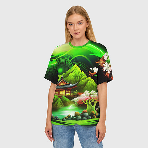 Женская футболка оверсайз Природа Японии в зеленых цветах / 3D-принт – фото 3
