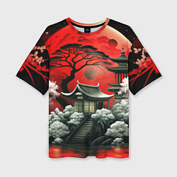 Футболка оверсайз женская Пейзаж Японии в красном цвете, цвет: 3D-принт