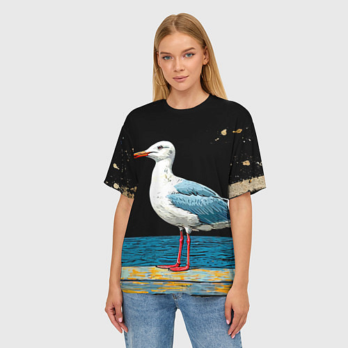 Женская футболка оверсайз Чайка на море ночью / 3D-принт – фото 3