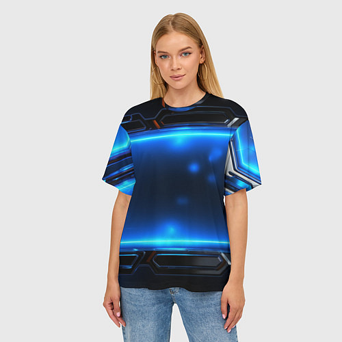 Женская футболка оверсайз Синяя неоновая атмосфера / 3D-принт – фото 3