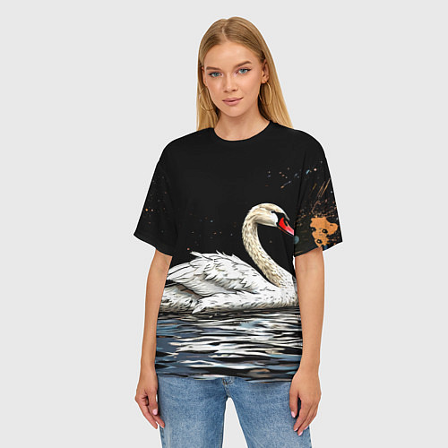 Женская футболка оверсайз Белый лебедь ночью / 3D-принт – фото 3