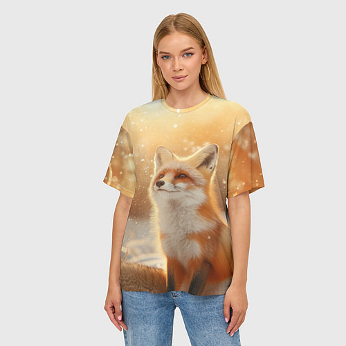 Женская футболка оверсайз Лисица в снежном лесу / 3D-принт – фото 3