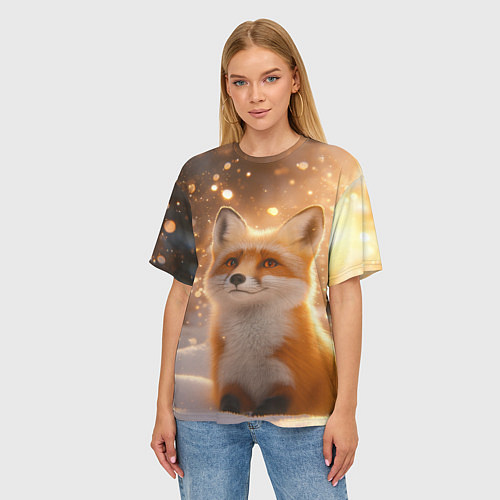 Женская футболка оверсайз Рыжая лисичка в снежном лесу / 3D-принт – фото 3