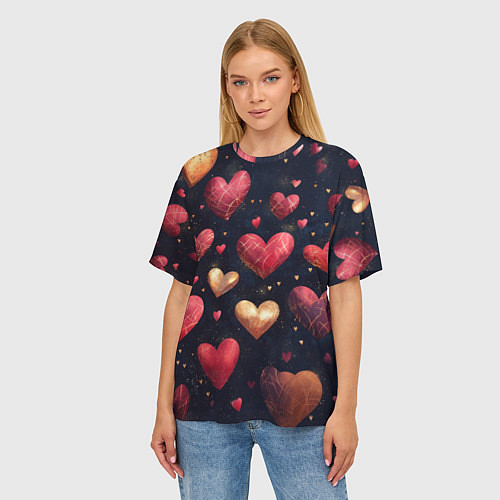 Женская футболка оверсайз Красные и золотые сердечки / 3D-принт – фото 3