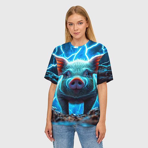 Женская футболка оверсайз Свинья и разряды молний / 3D-принт – фото 3