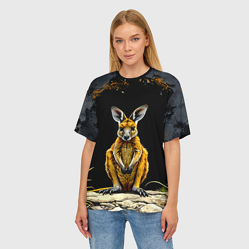 Женская футболка оверсайз Кенгуру на черном / 3D-принт – фото 3