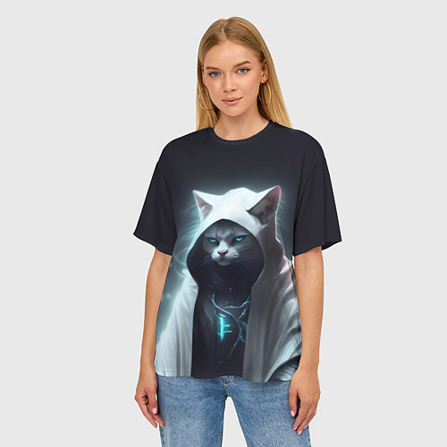 Женская футболка оверсайз Инопланетный белый кот / 3D-принт – фото 3