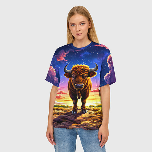 Женская футболка оверсайз Буйвол в звездной ночи / 3D-принт – фото 3