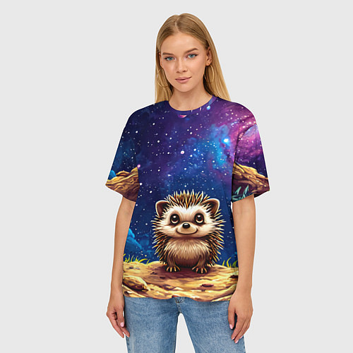 Женская футболка оверсайз Ежик и звездное небо / 3D-принт – фото 3