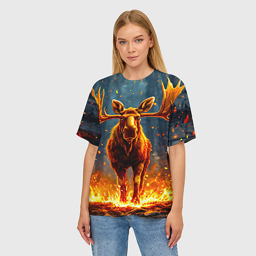 Женская футболка оверсайз Лось в огне / 3D-принт – фото 3