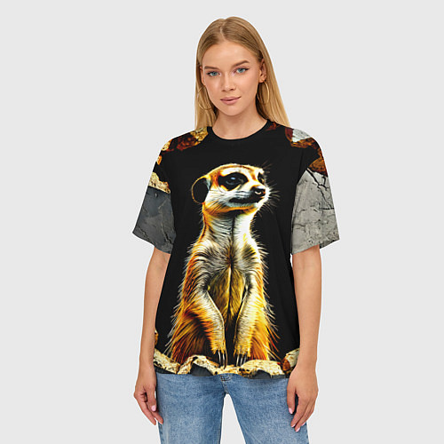 Женская футболка оверсайз Сурикат на черном / 3D-принт – фото 3