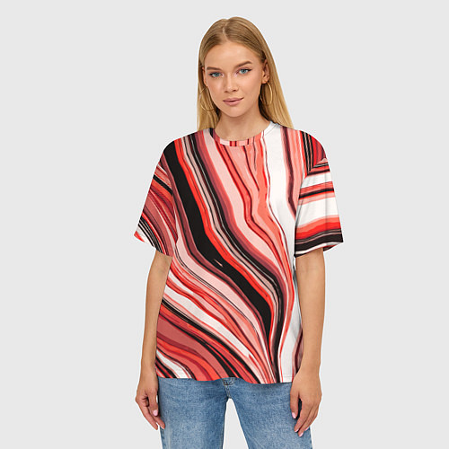 Женская футболка оверсайз Волнистые вертикальные чёрно-красные полосы / 3D-принт – фото 3