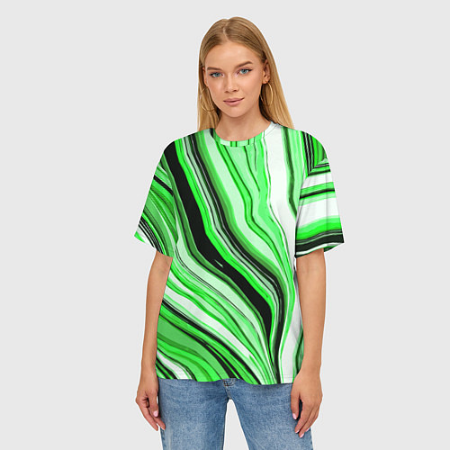 Женская футболка оверсайз Волнистые вертикальные чёрно-зелёные полосы / 3D-принт – фото 3