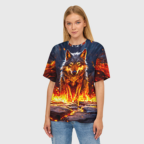 Женская футболка оверсайз Волк в огненной пещере / 3D-принт – фото 3