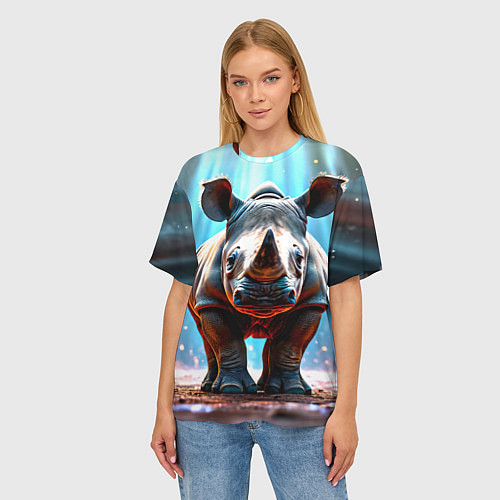 Женская футболка оверсайз Носорог в лучах / 3D-принт – фото 3