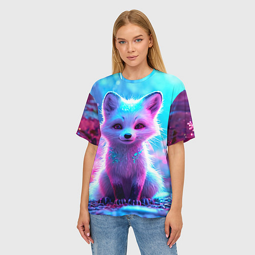 Женская футболка оверсайз Песец в неоновом свете / 3D-принт – фото 3