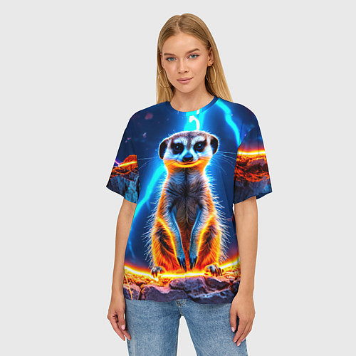 Женская футболка оверсайз Сурикат и удар молнии / 3D-принт – фото 3