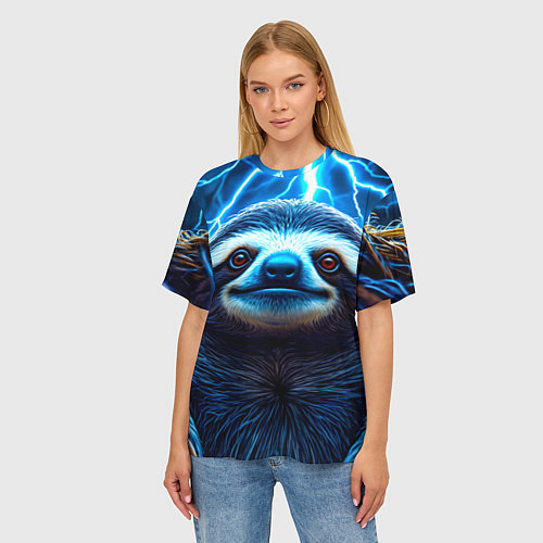 Женская футболка оверсайз Ленивец в разрядах молний / 3D-принт – фото 3