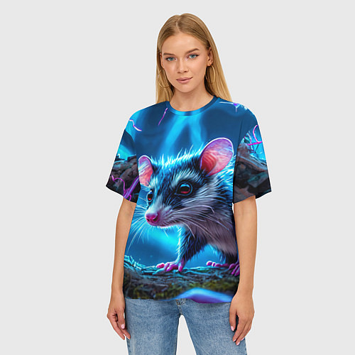 Женская футболка оверсайз Опоссум в синей туманности / 3D-принт – фото 3