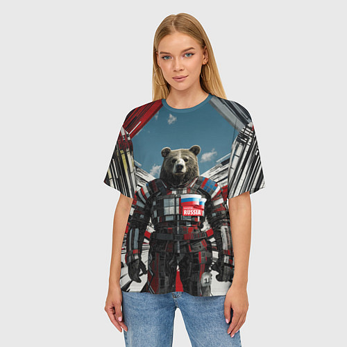 Женская футболка оверсайз Русский медведь абстрактный фон / 3D-принт – фото 3