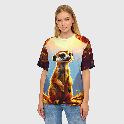 Женская футболка оверсайз Сурикат в огне / 3D-принт – фото 3