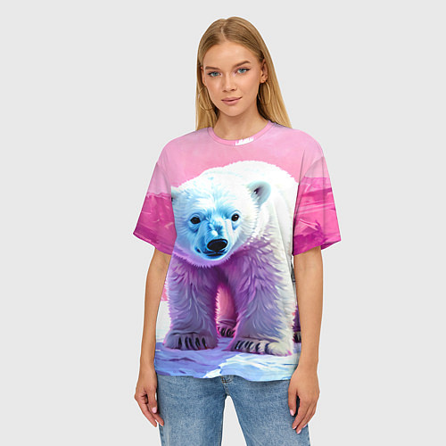 Женская футболка оверсайз Белый медведь в розовом свете / 3D-принт – фото 3