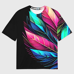 Футболка оверсайз женская Букет из цветных перьев - неон, цвет: 3D-принт