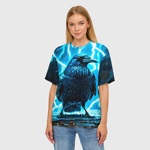 Женская футболка оверсайз Черный ворон в разрядах молнии / 3D-принт – фото 3