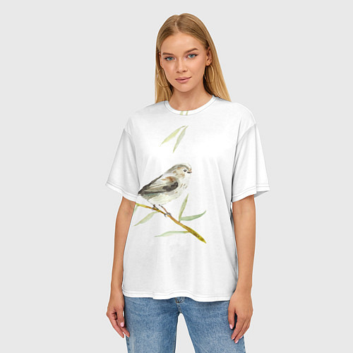 Женская футболка оверсайз Воробей акварель / 3D-принт – фото 3