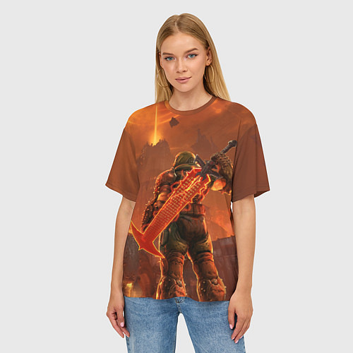 Женская футболка оверсайз Палач рока и башня Doom / 3D-принт – фото 3