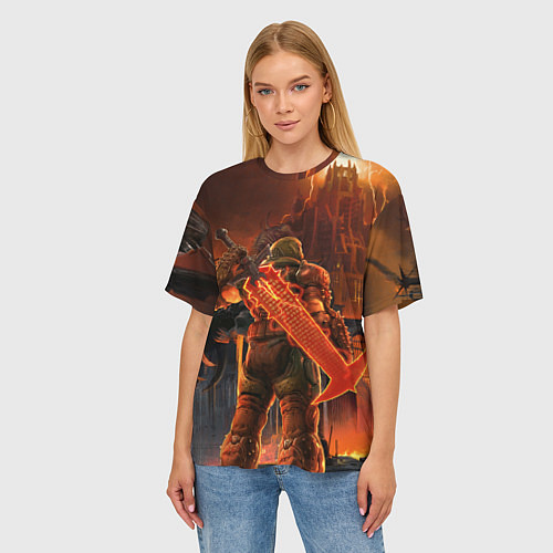 Женская футболка оверсайз Doom slayer and tower Doom / 3D-принт – фото 3