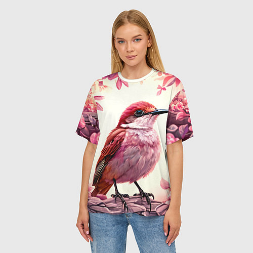 Женская футболка оверсайз Кукушка в розовых цветах / 3D-принт – фото 3