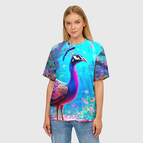 Женская футболка оверсайз Яркий павлин / 3D-принт – фото 3