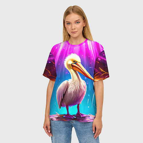 Женская футболка оверсайз Пеликан в сиянии лучей / 3D-принт – фото 3