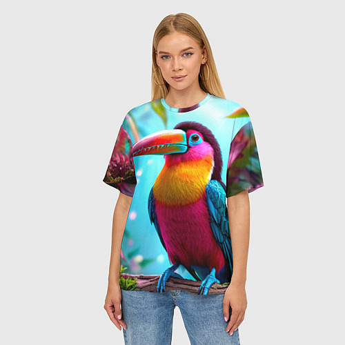 Женская футболка оверсайз Тукан в джунглях / 3D-принт – фото 3