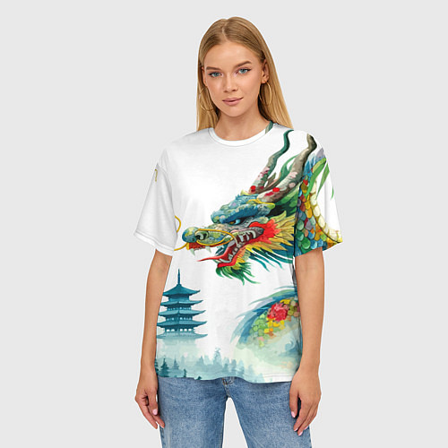 Женская футболка оверсайз Japanese watercolor dragon - art / 3D-принт – фото 3