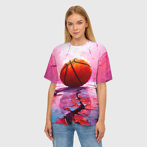 Женская футболка оверсайз Баскетбольный мяч у розовой стены / 3D-принт – фото 3