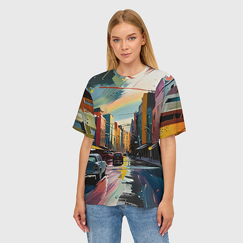 Женская футболка оверсайз Улица в стиле экспрессионизм / 3D-принт – фото 3