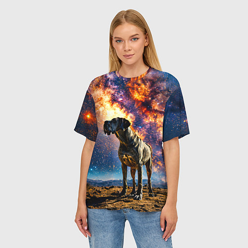 Женская футболка оверсайз Немецкий дог и космическое небо / 3D-принт – фото 3