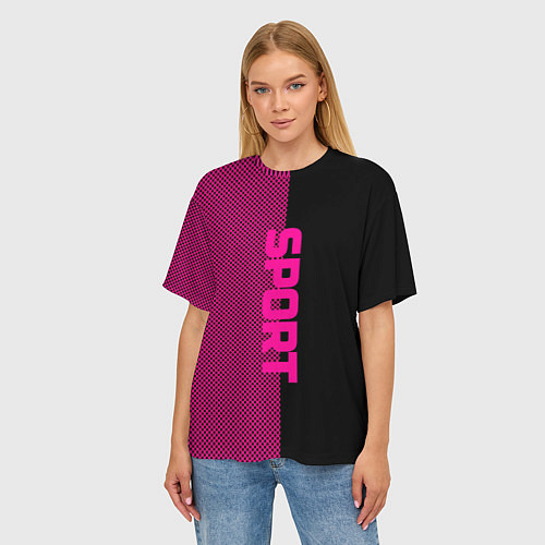 Женская футболка оверсайз Sport чёрно-розовый пополам / 3D-принт – фото 3