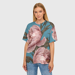 Футболка оверсайз женская Розовые пионы на голубом, цвет: 3D-принт — фото 2
