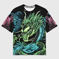 Футболка оверсайз женская Ирезуми - неоновый японский дракон, цвет: 3D-принт