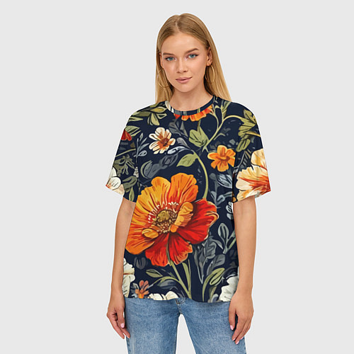 Женская футболка оверсайз Маки и пионы старинный паттерн / 3D-принт – фото 3