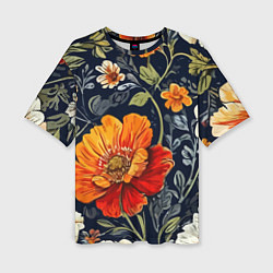 Футболка оверсайз женская Маки и пионы старинный паттерн, цвет: 3D-принт