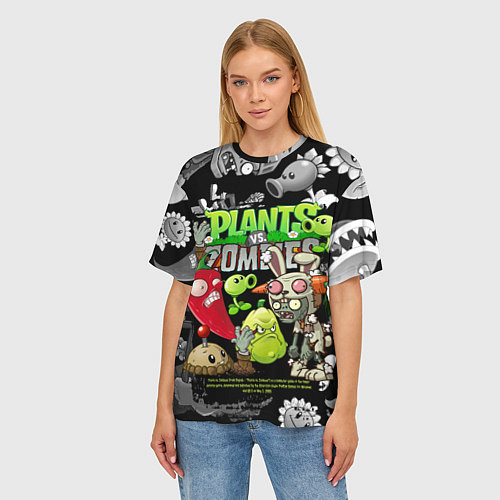 Женская футболка оверсайз Растения против зомби персонажи / 3D-принт – фото 3