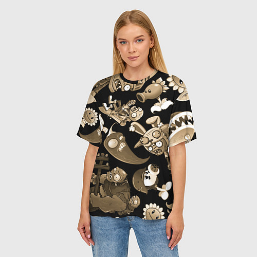 Женская футболка оверсайз Растения против зомби в бежевом цвете / 3D-принт – фото 3