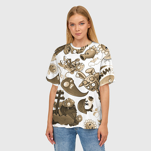 Женская футболка оверсайз Растения против зомби в бежевых тонах / 3D-принт – фото 3