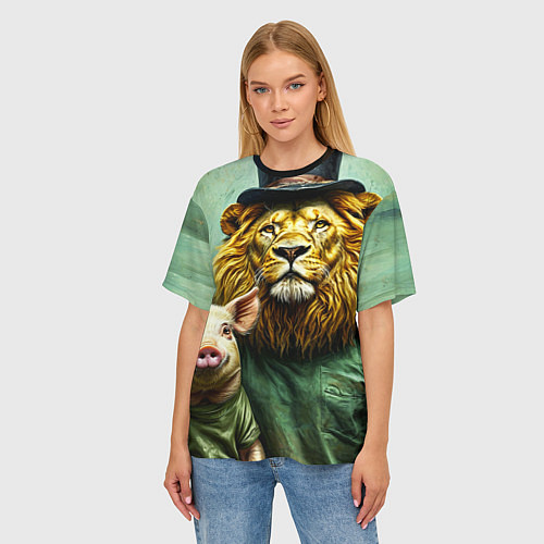 Женская футболка оверсайз Лев со свиньей / 3D-принт – фото 3