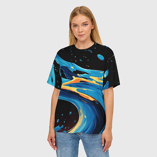 Женская футболка оверсайз Синяя волна из красок / 3D-принт – фото 3